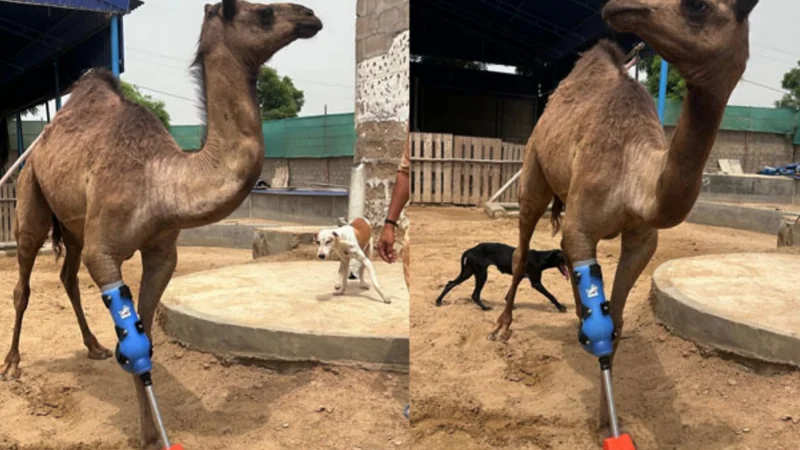 Sanghar camel fitted with prosthetic leg after one year