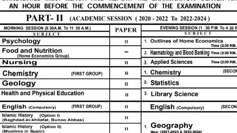BISE Lahore inter part 2 date sheet 2024 issued