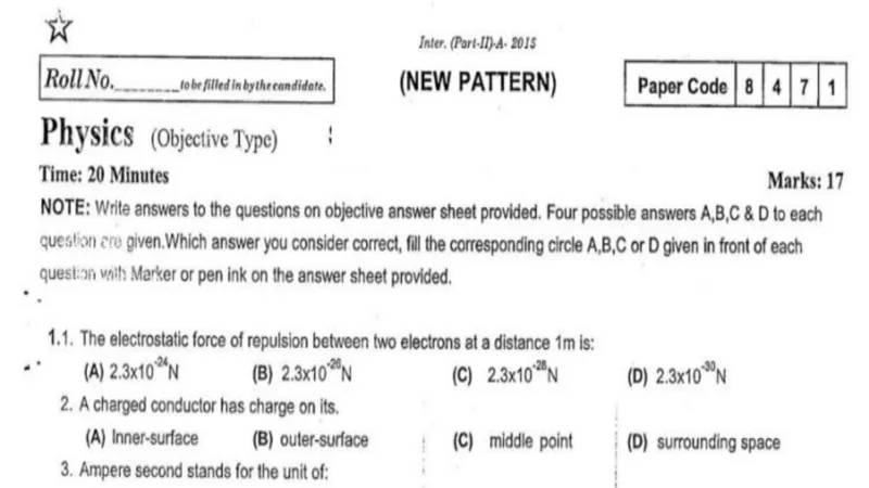 Physics past, guess papers for Inter Part 2 Punjab Board 2024
