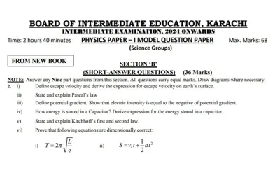 Karachi Board Intermediate Model Papers 2024 (BIEK Exam 2024)