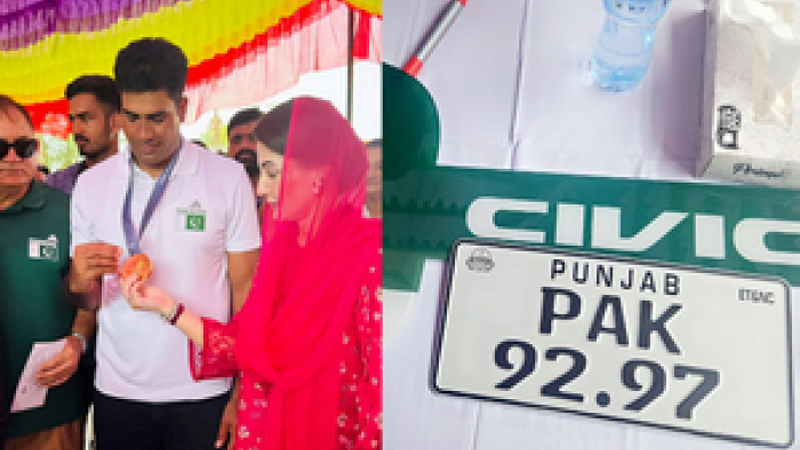 Maryam presents Rs100mn cheque, car to Olympic gold medalist Arshad Nadeem