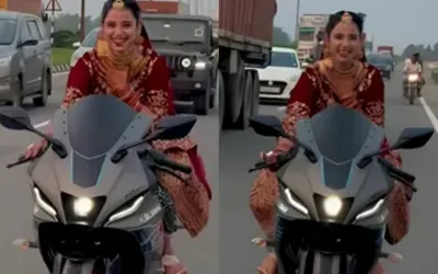 Watch: Bride riding a sports bike in red lehenga goes viral