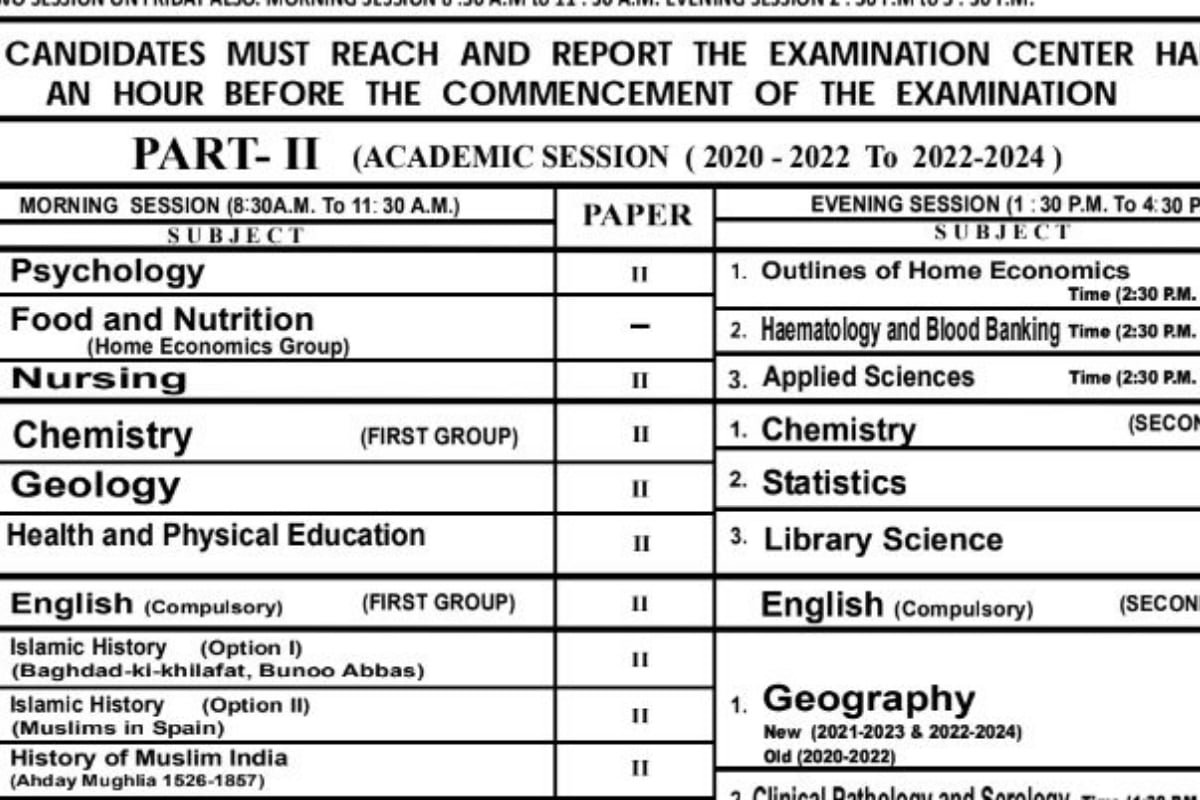 BISE Lahore inter part 2 date sheet 2024 issued